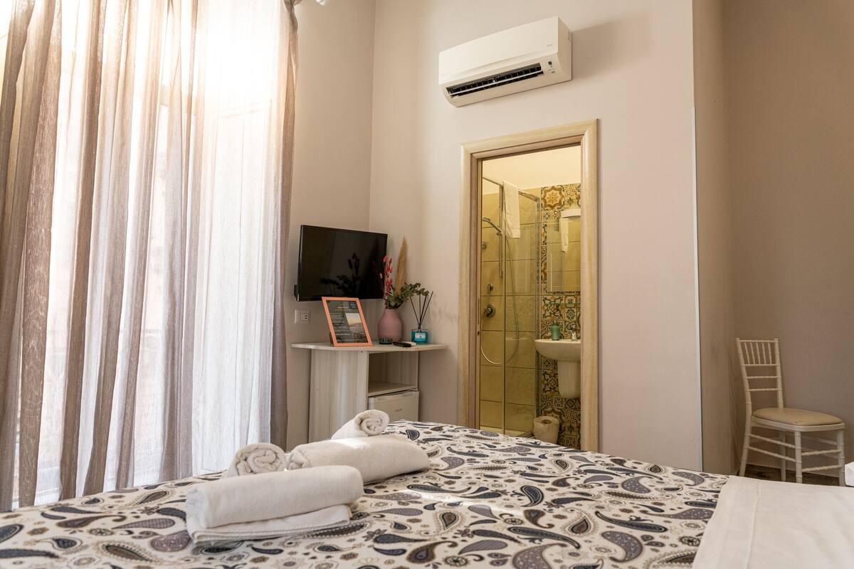 Habitación de hotel con cama, televisión, ducha y una silla.