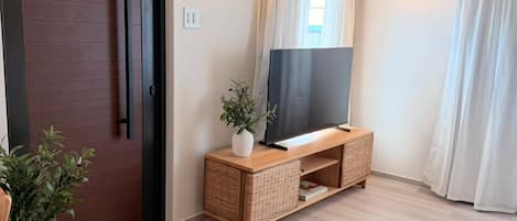 A modern living room with a wooden door, a flat-screen TV on a wooden console, a potted plant, and a large window with curtains.