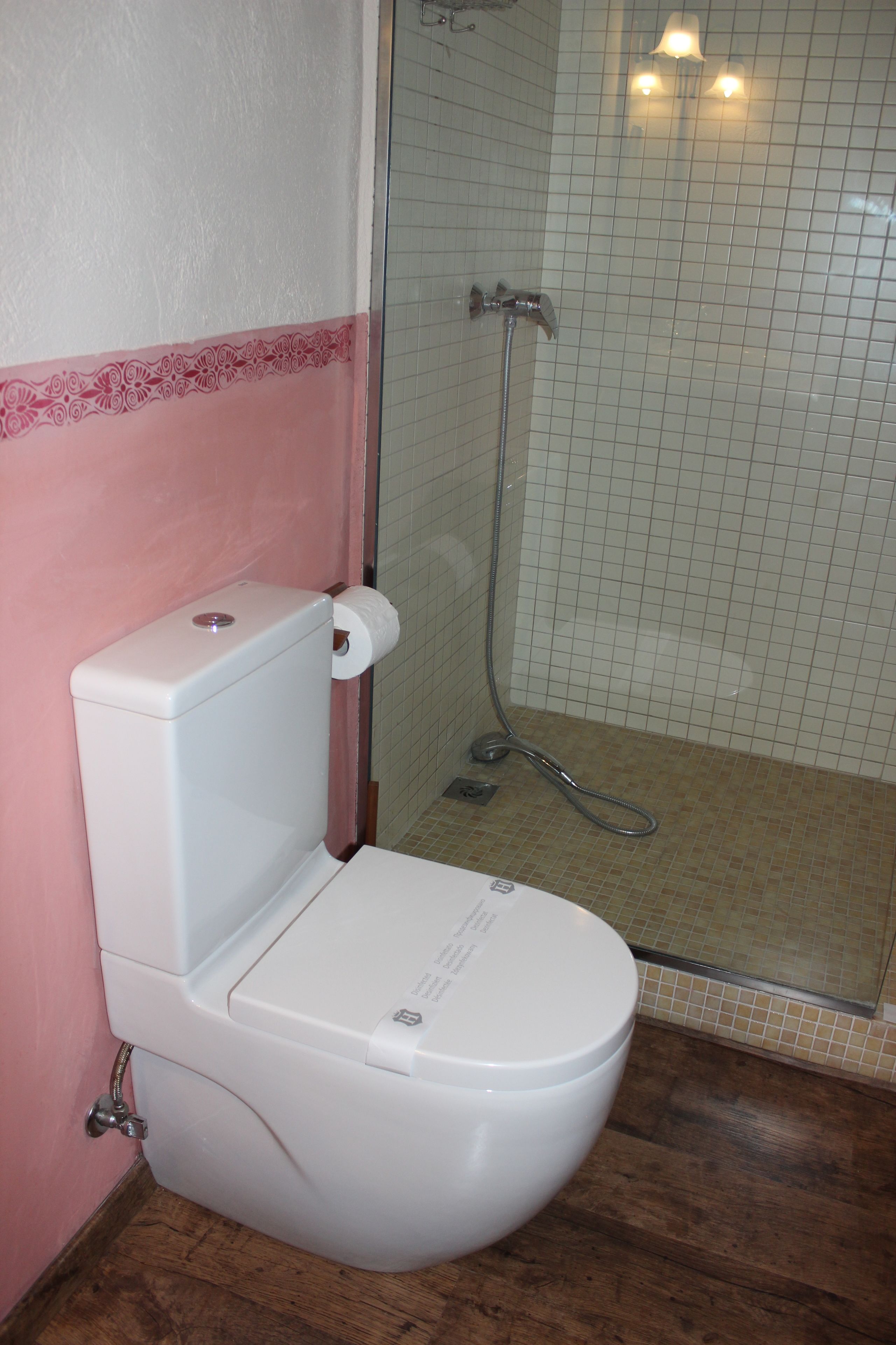 Une salle de bain avec des toilettes, une douche et un mur carrelé.