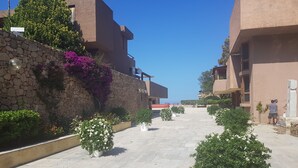 Un sendero pavimentado bordeado por muros de piedra y plantas en macetas, que conduce a un edificio con fachada de piedra y un cielo azul despejado.