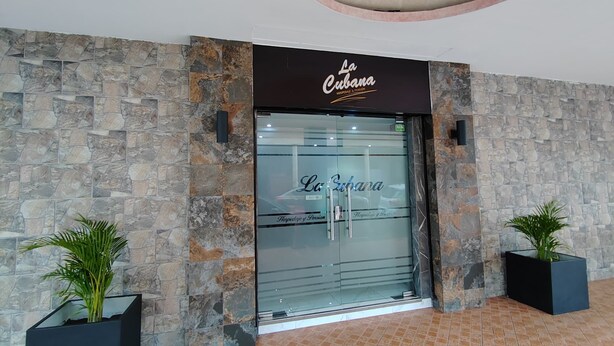 A hotel entrance with a stone facade, a glass door, and two potted plants. - La Cubana Hotel & Residencial (Colon)