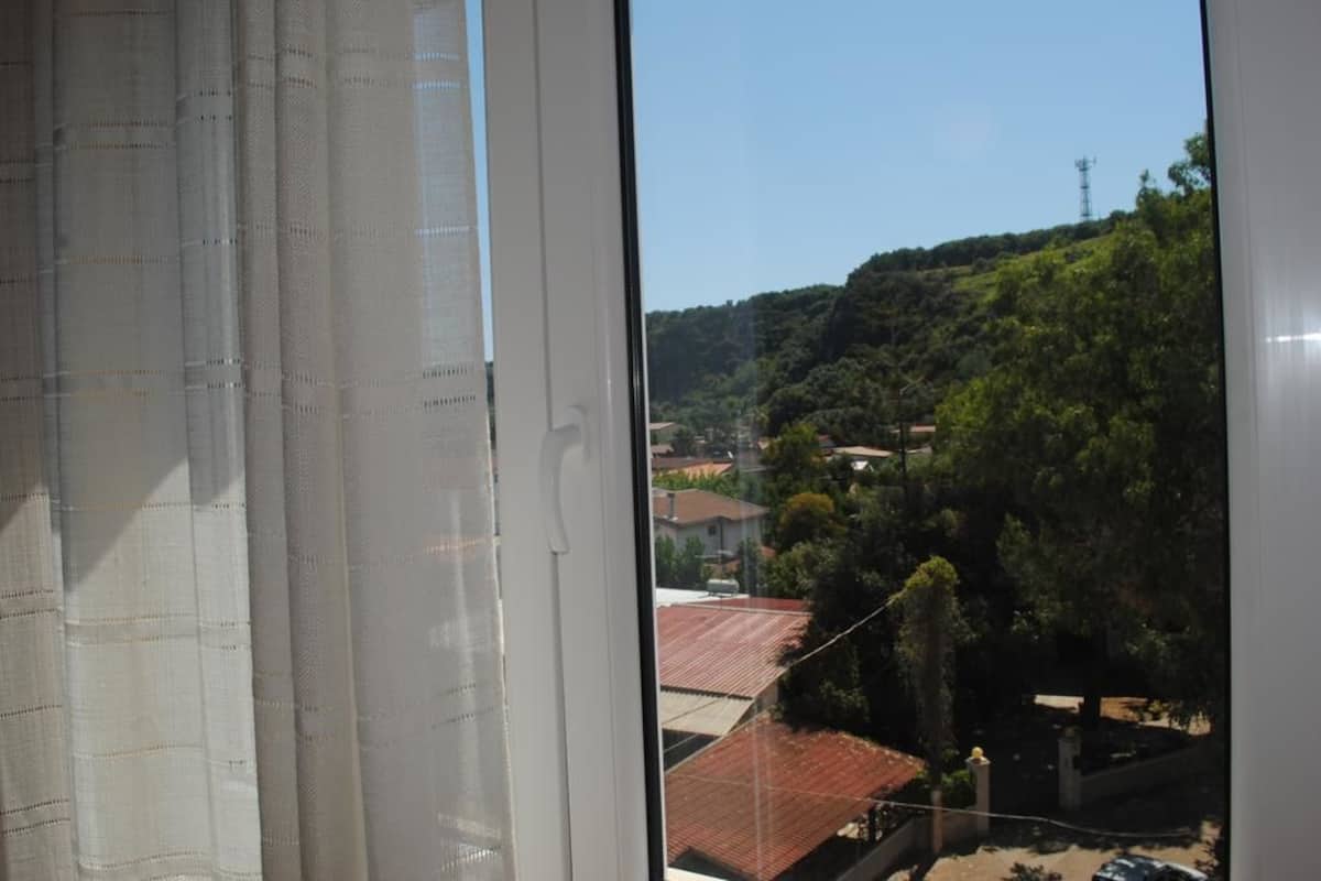 A view through a window with a white curtain, revealing a residential area with houses, trees, and a hill in the background.