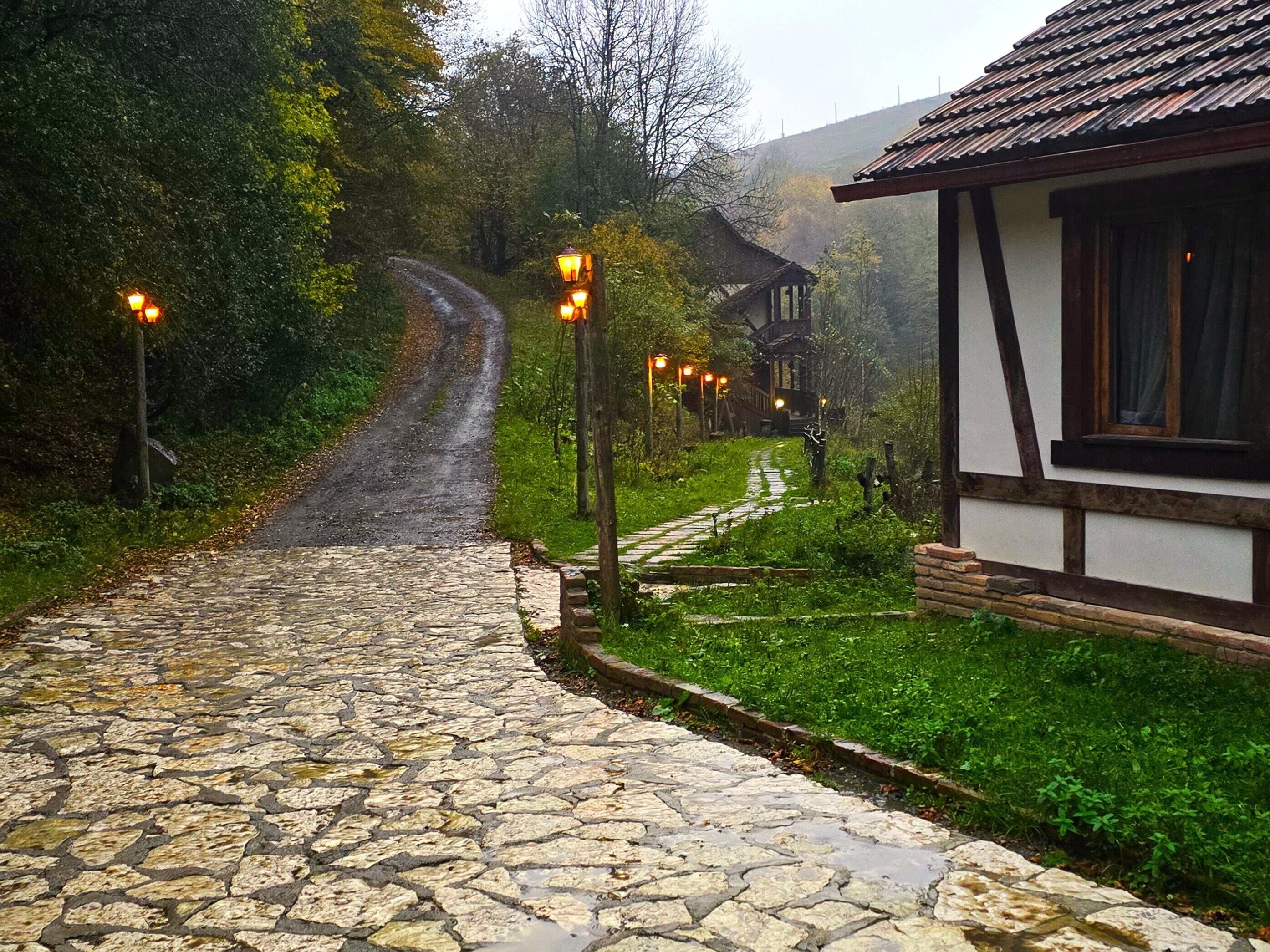 A stone pathway leading to a traditional building with a tiled roof, surrounded by greenery and a forested area.
