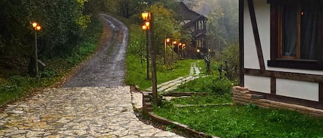 A stone pathway leading to a traditional building with a tiled roof, surrounded by greenery and a forested area.