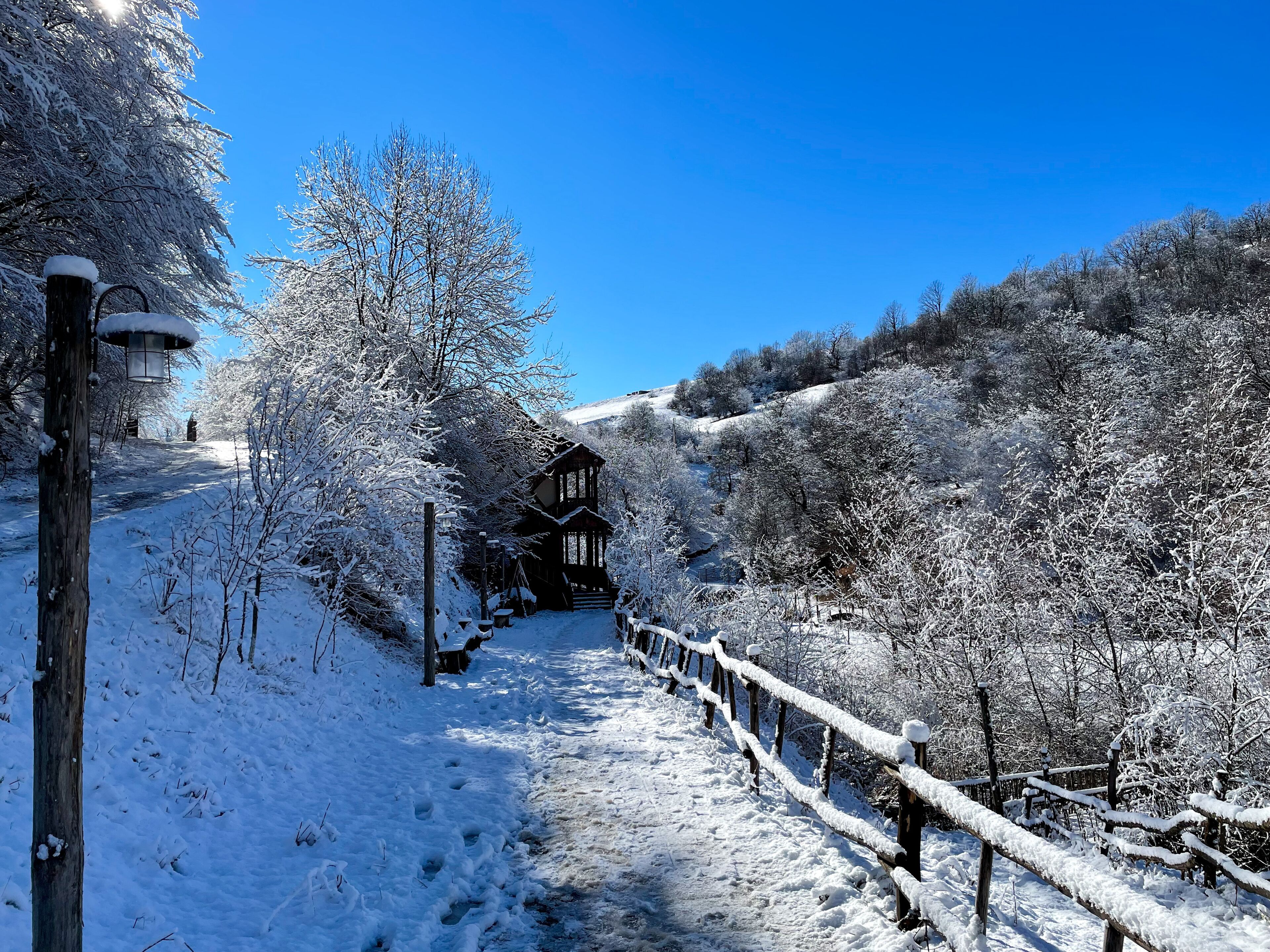 A snow-covered pathway leading to a wooden cabin with a metal roof, surrounded by snow-laden trees and a clear blue sky.
