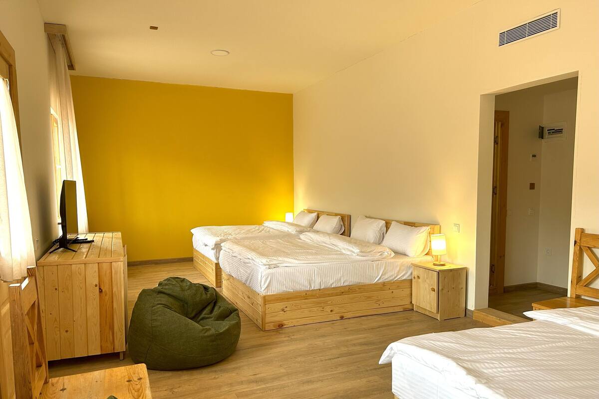 Een slaapkamer met twee bedden, houten meubels, een groene relaxfauteuil en een raam met gordijnen.