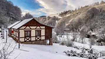 A traditional half-timbered house with a sloped roof, surrounded by snow-covered trees and hills.