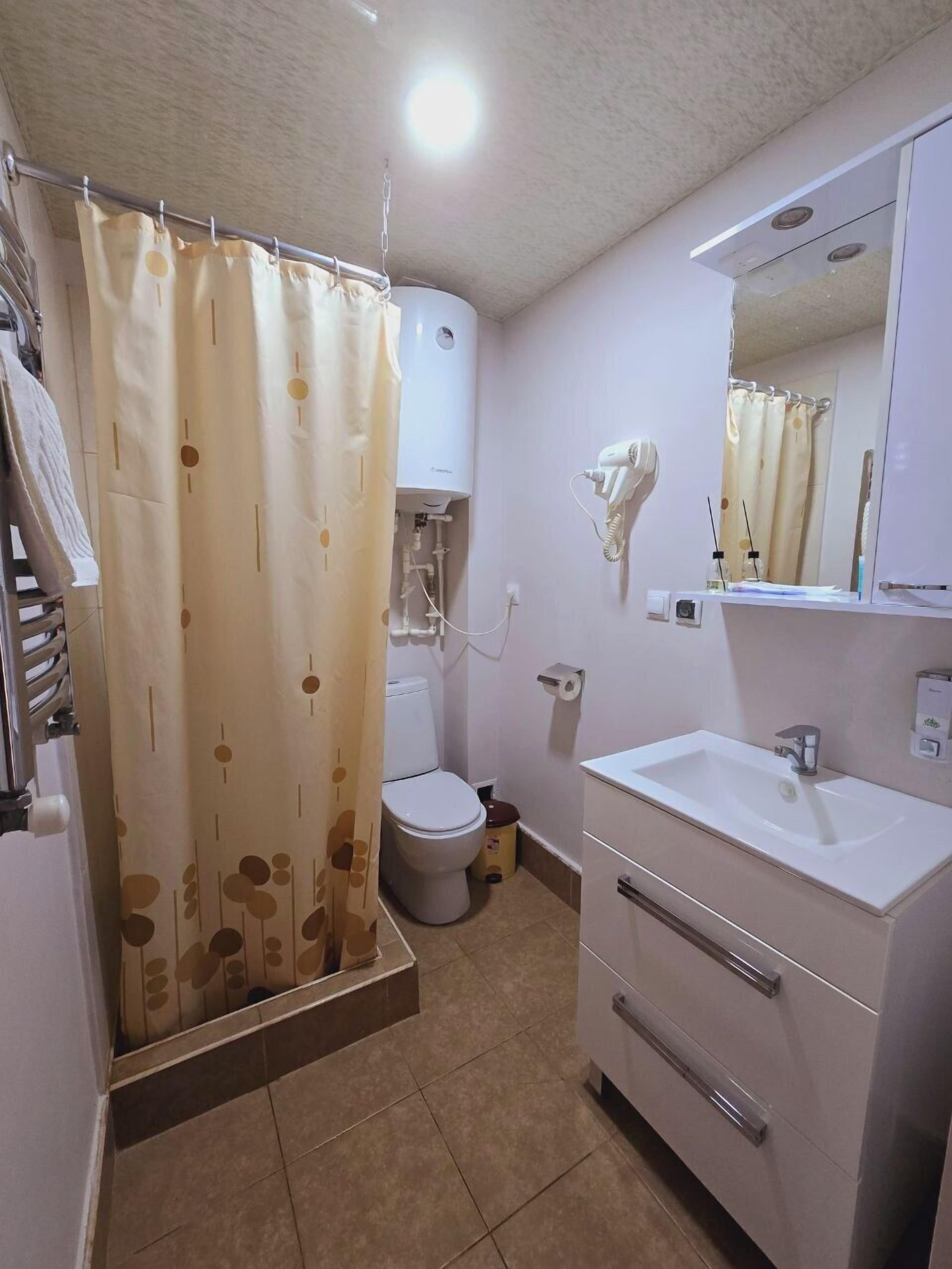 Une salle de bain équipée d’un WC, d’un lavabo, d’un miroir et d’un rideau de douche.