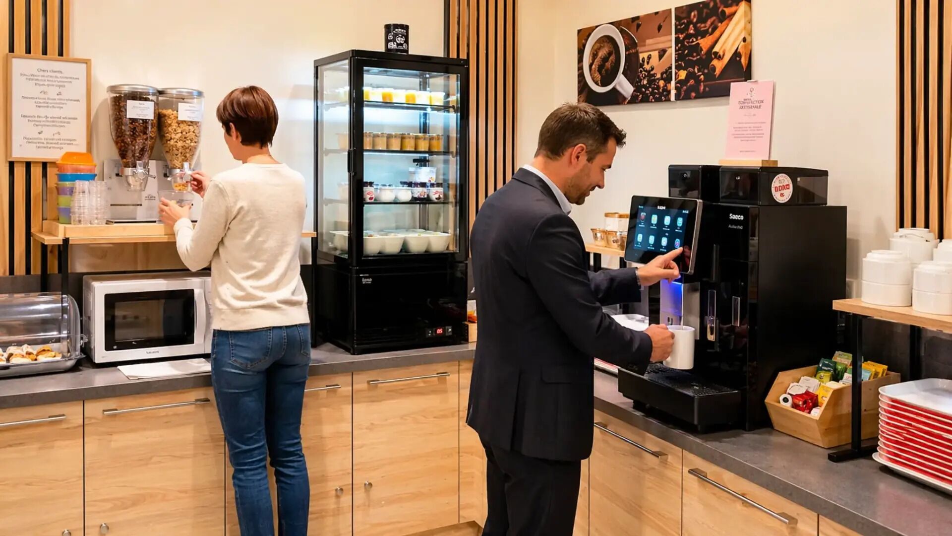 Una cafetería con una máquina expendedora de café, una vitrina refrigerada y un microondas.