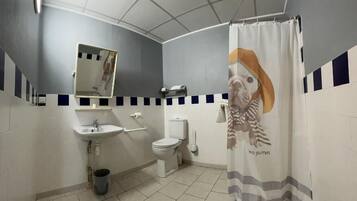 Un bagno con lavandino, WC e specchio.