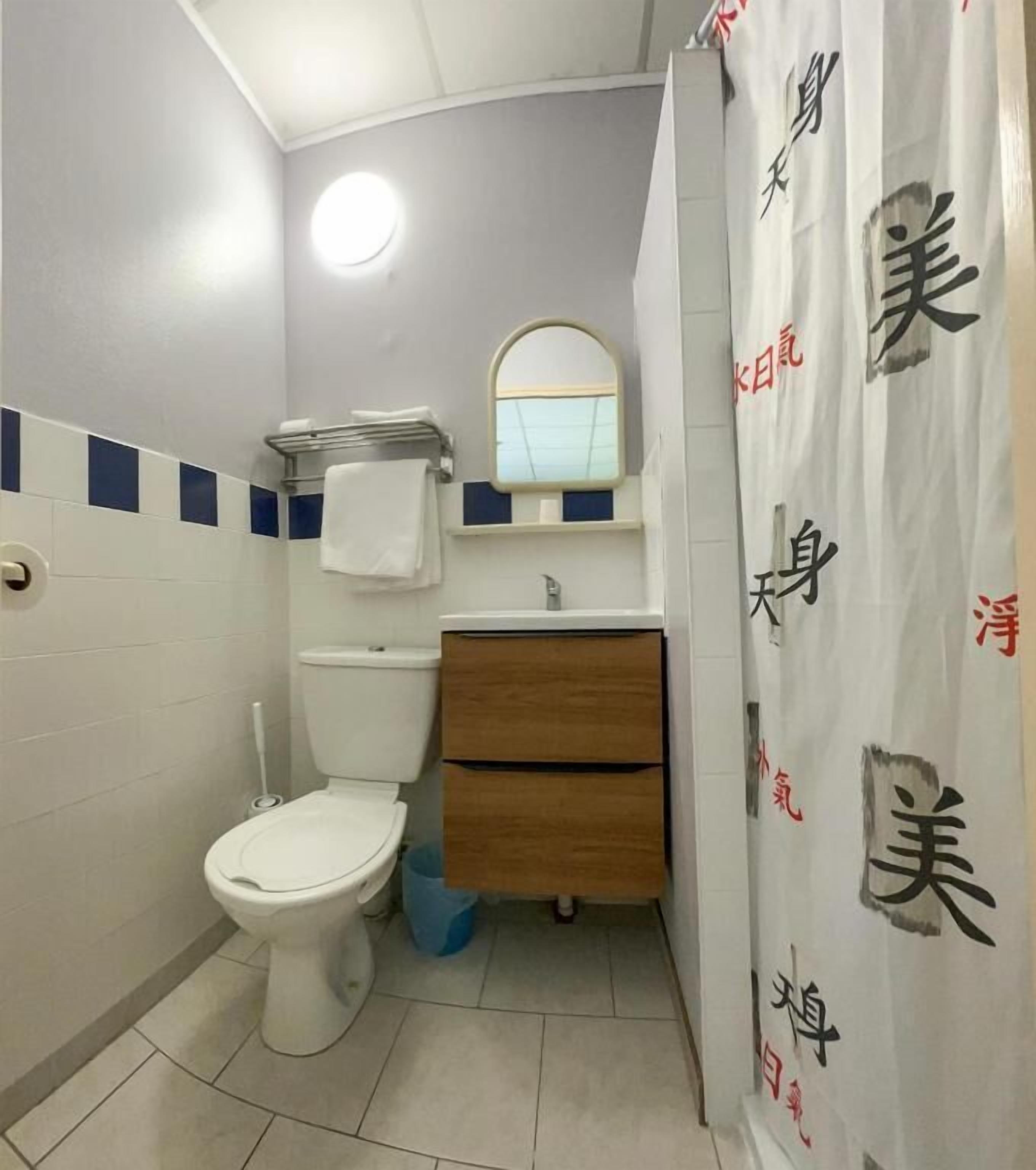 A small bathroom with a toilet, a sink with a mirror, and a shower curtain with Chinese characters.