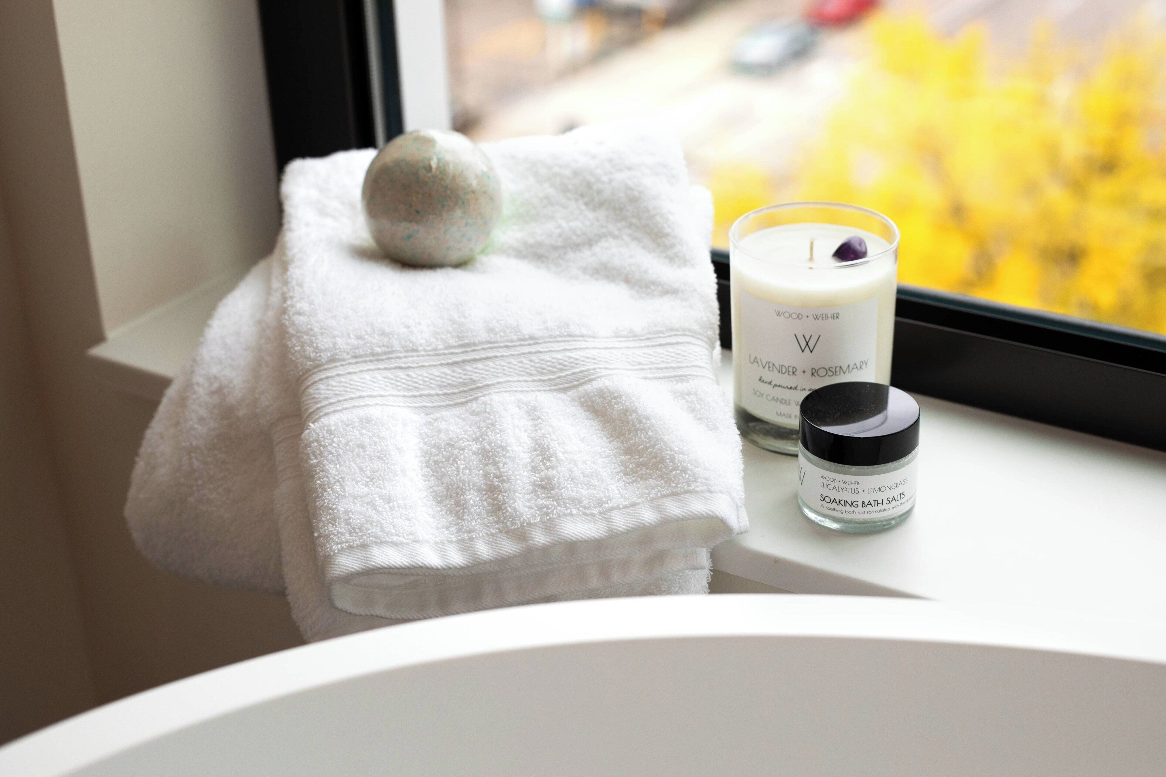 free toiletries, hair dryer, bathrobes, towels