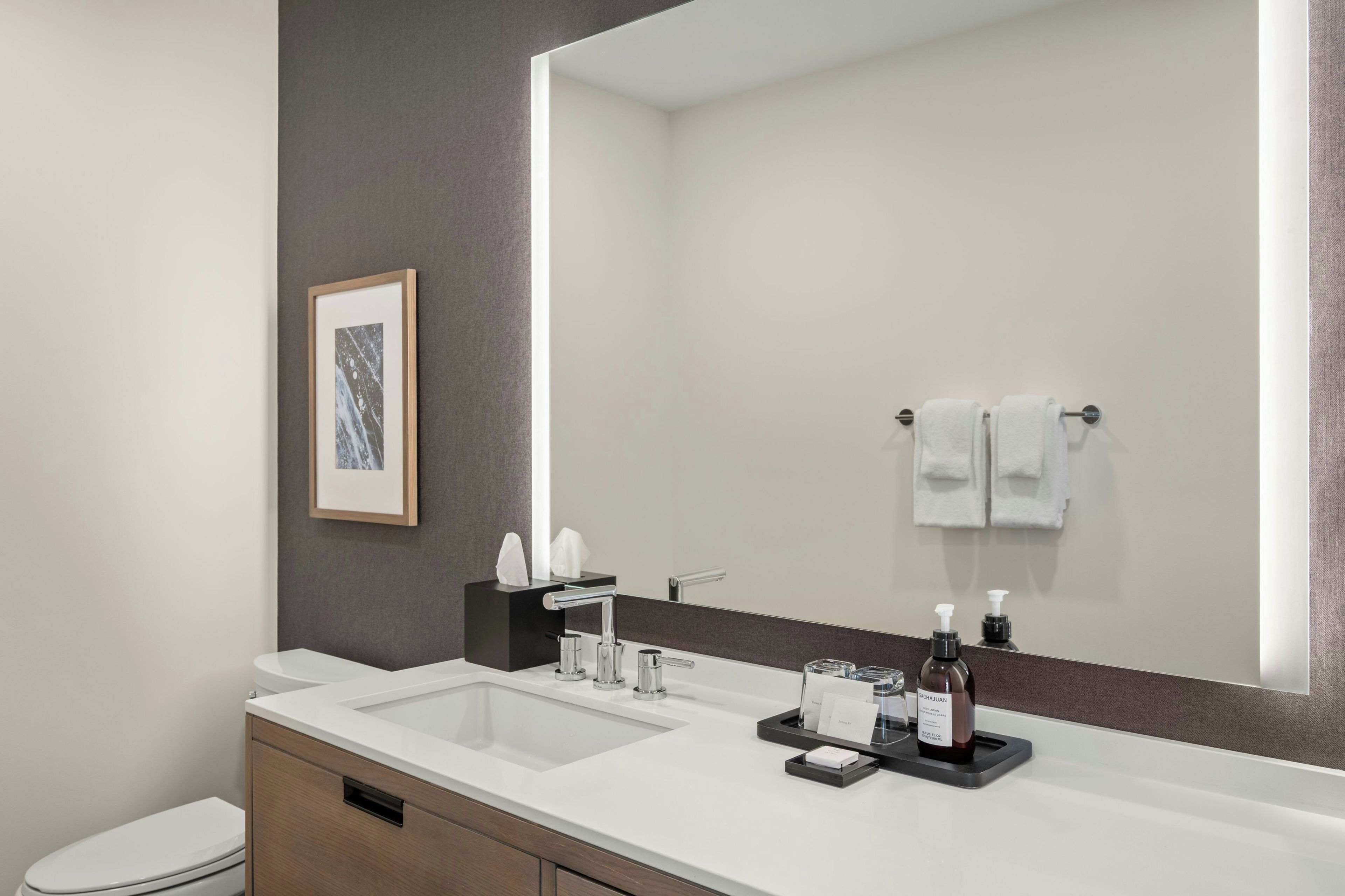 A modern bathroom with a large mirror, a double sink, and a toilet. There is a framed picture on the wall and a towel rack with towels.