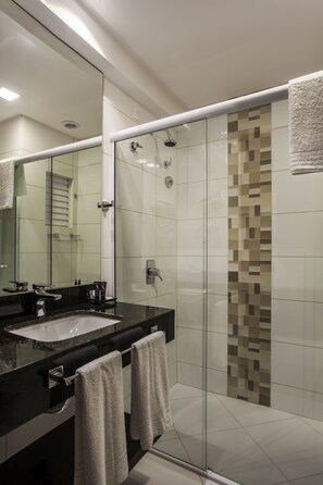 Shower, free toiletries, hair dryer, towels