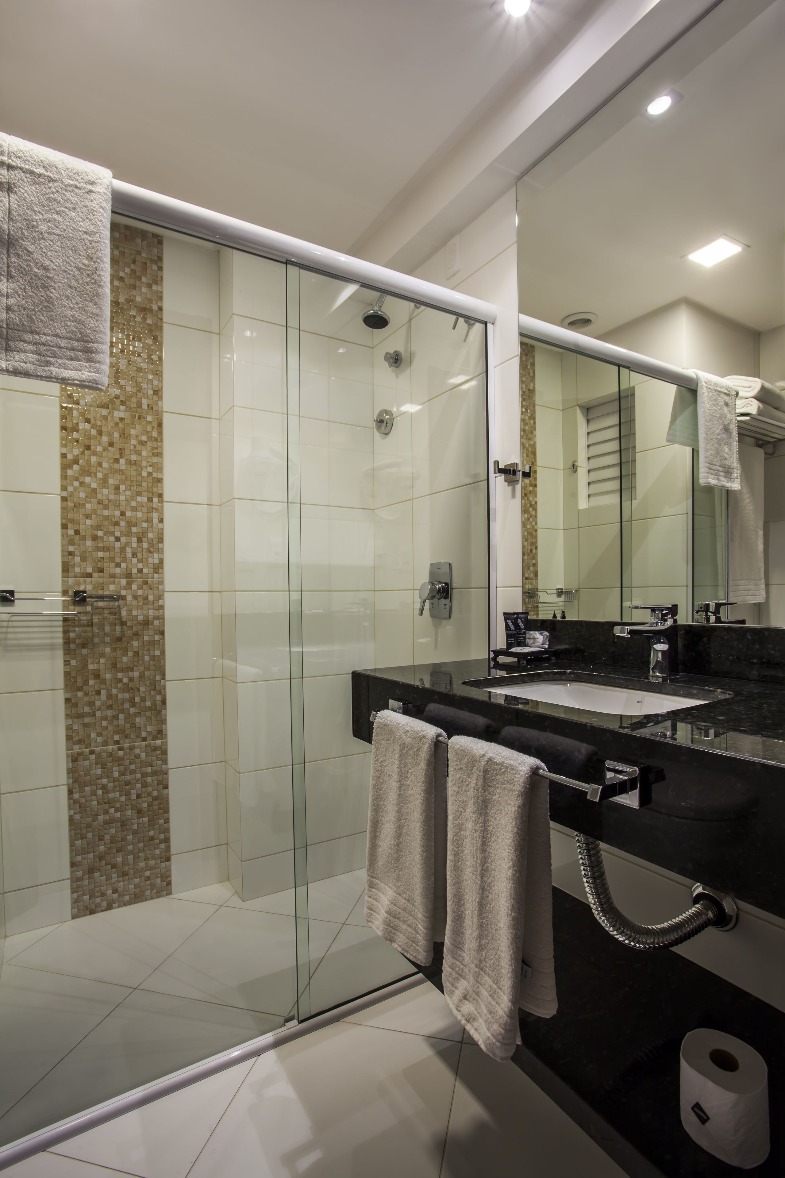 Une salle de bain moderne avec une douche à parois de verre, un lavabo sur un plan de toilette noir et un grand miroir.