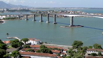 A large bridge spanning a river with a cityscape in the background.