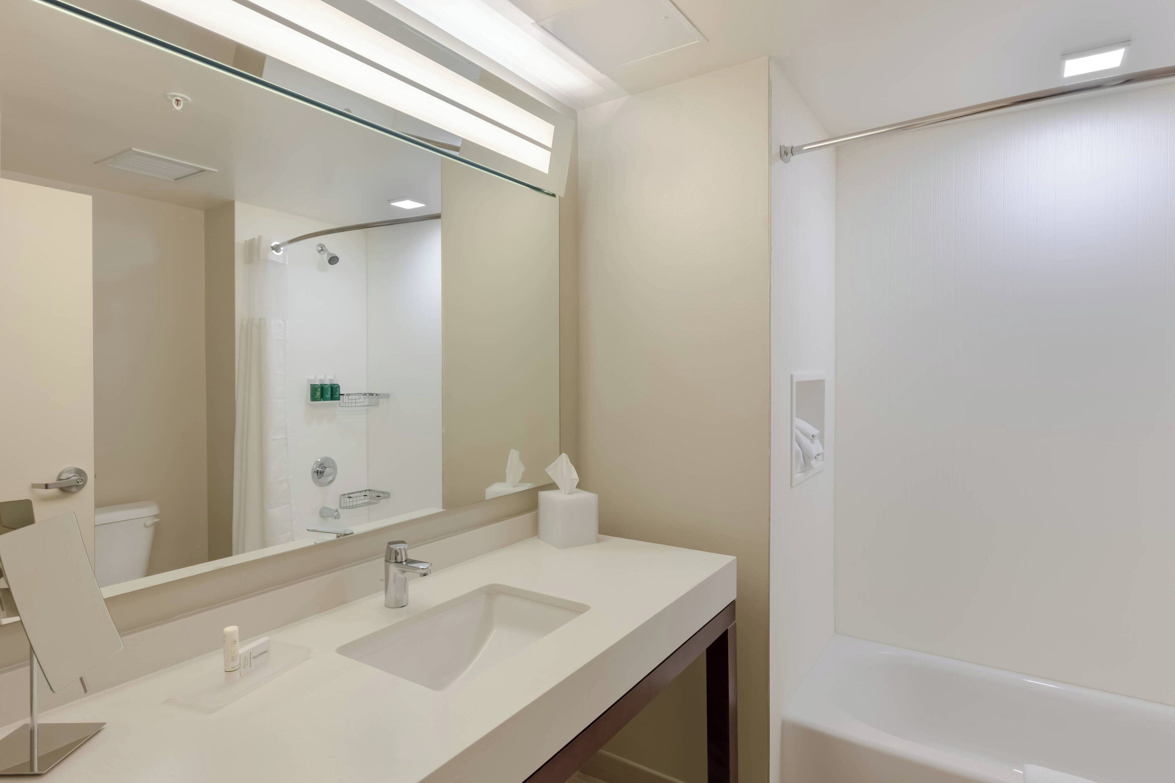 combined shower/bathtub, free toiletries, hair dryer, towels