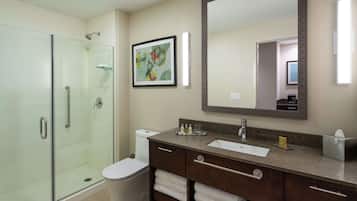 A modern bathroom with a glass shower enclosure, a white toilet, a large mirror, and a granite countertop with a sink and vanity.