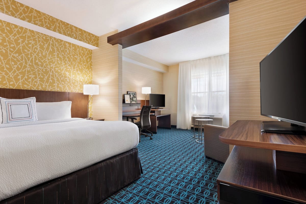 A hotel room with a bed, desk, chair, television, and a patterned carpet.