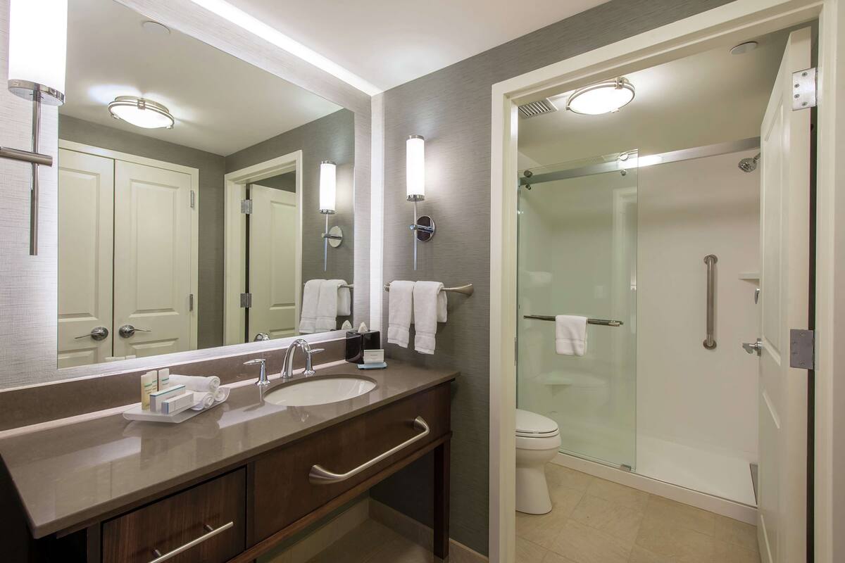 Een badkamer met een grote spiegel, twee wastafels, een douche met glazen wanden en een toilet.