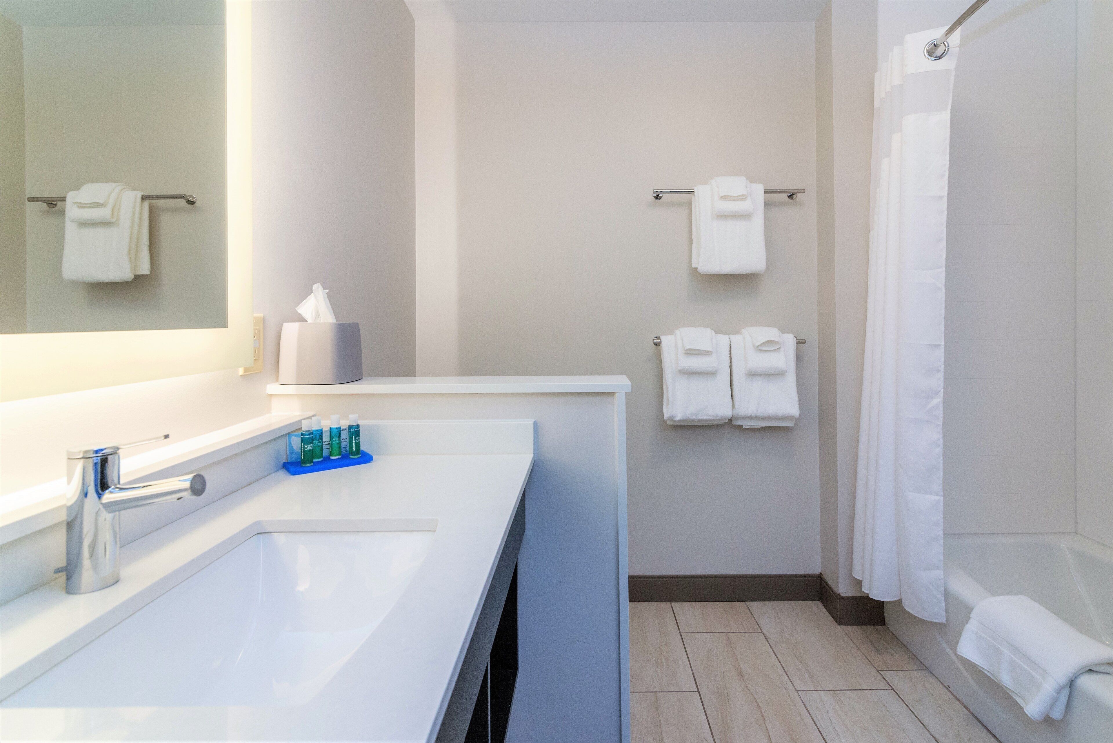 A bathroom with a large sink, a mirror, a towel rack, and a shower curtain.