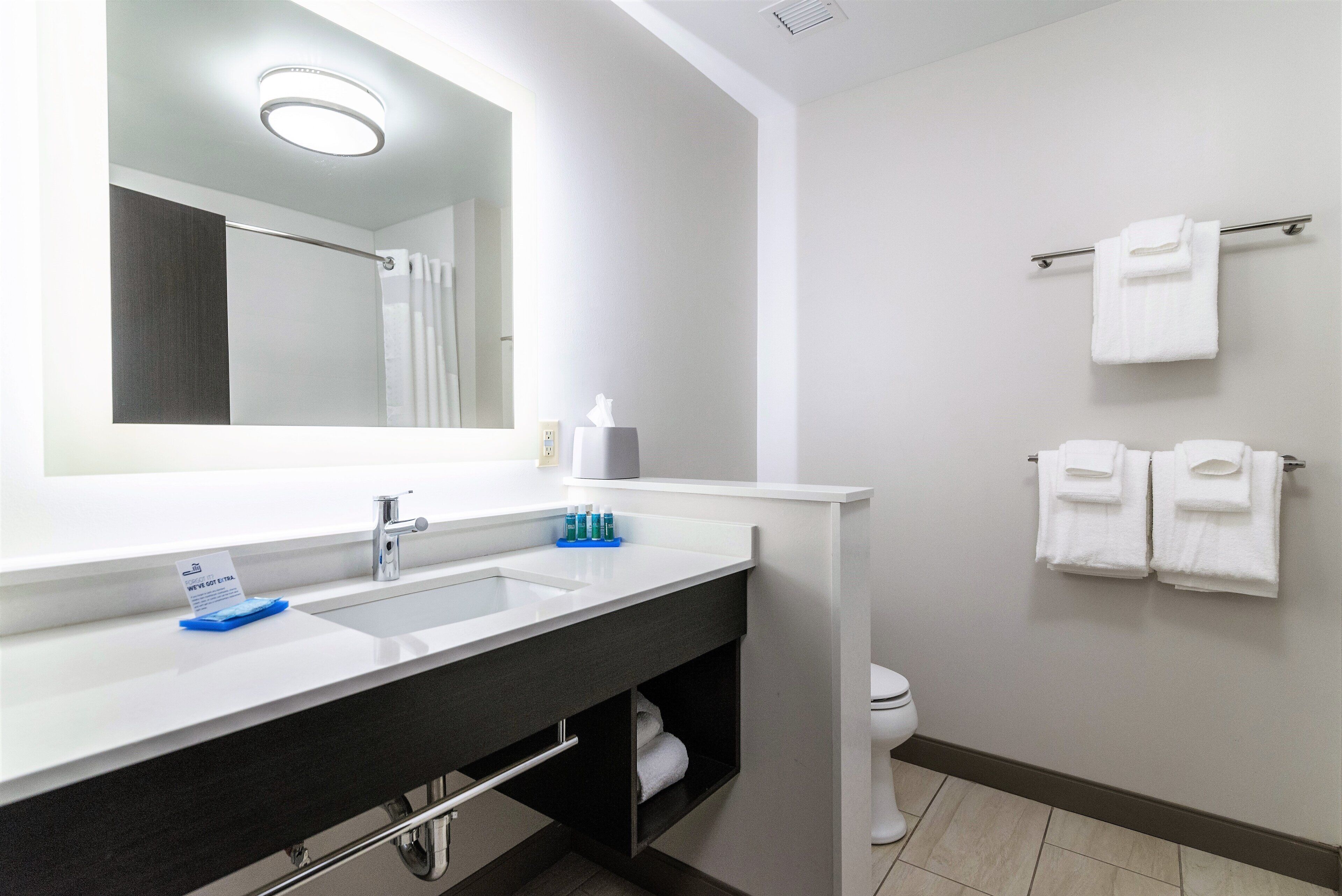Un bagno con un ampio specchio, due lavandini, un portascopevoli con asciugamani e un water.