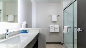 A modern bathroom with a large mirror, white sink, and glass shower enclosure. - Holiday Inn Express & Suites Allen Park by IHG (Allen Park)