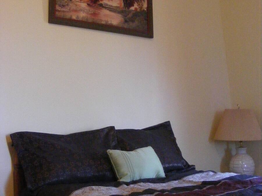 Une chambre à coucher avec un lit, un oreiller, une lampe et un tableau au mur.