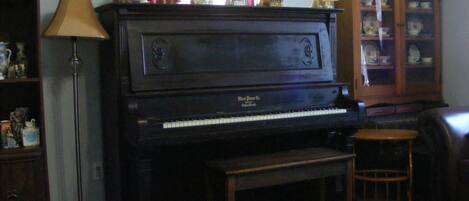 A piano in a living room with a lamp, a bench, and a cabinet with figurines.
