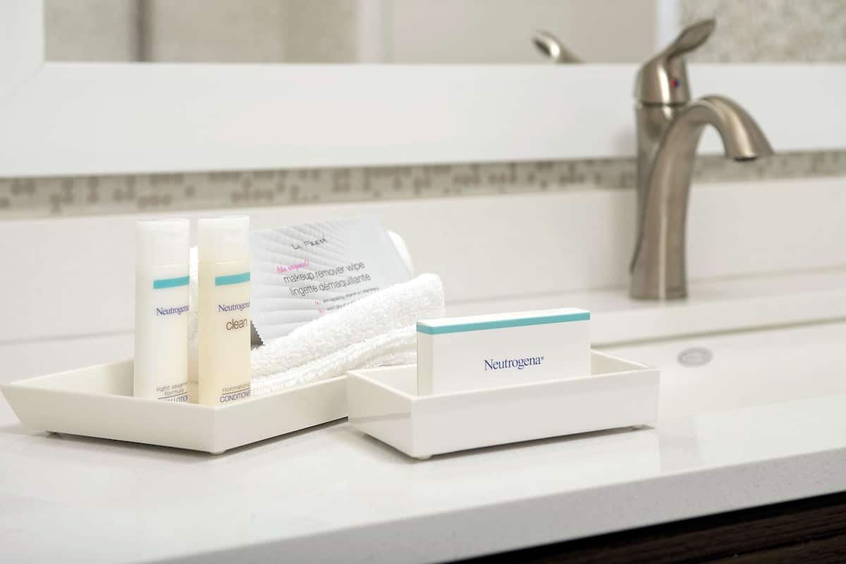 free toiletries, hair dryer, towels