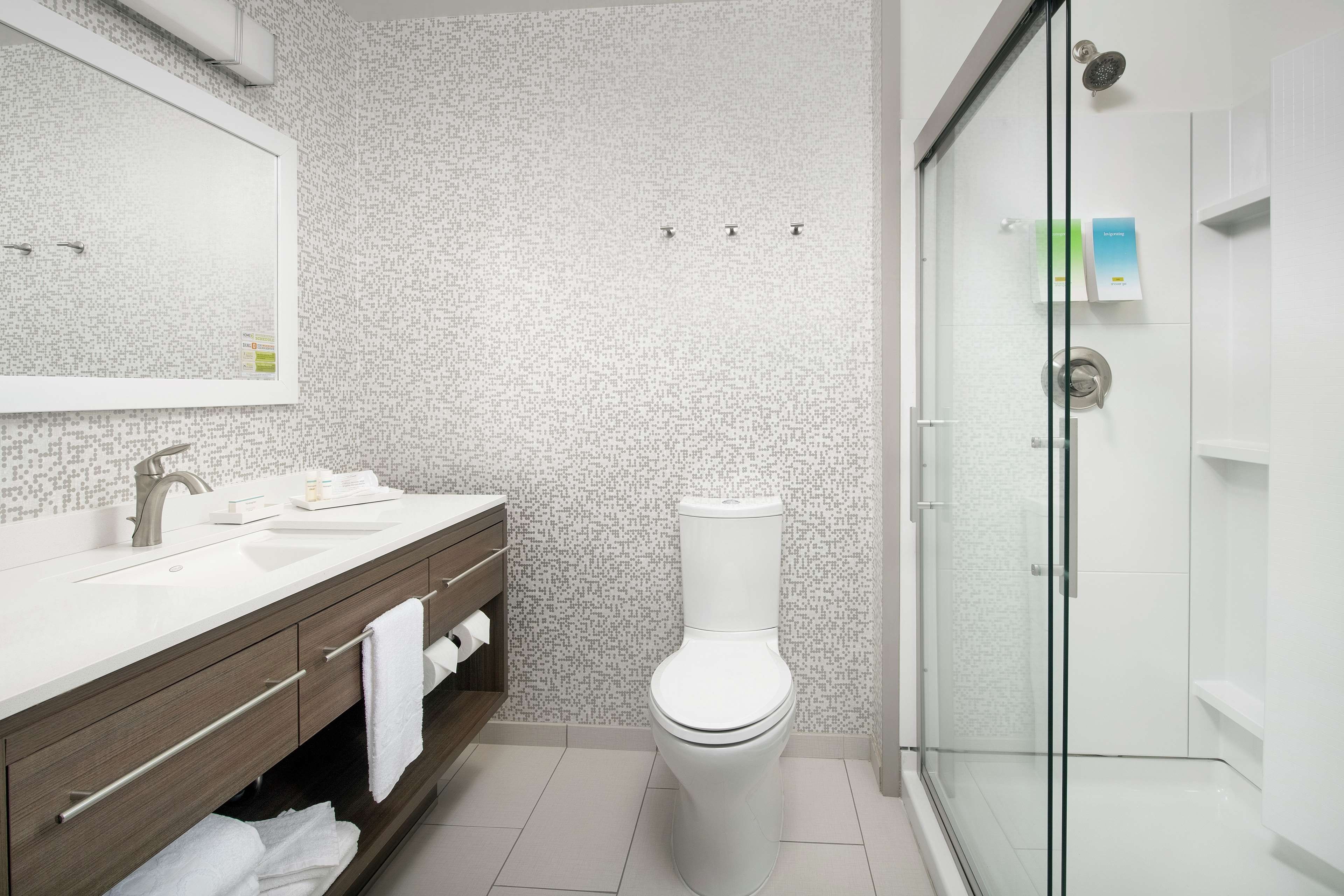 A modern bathroom with a white toilet, a glass-enclosed shower, and a sink with a mirror above it.