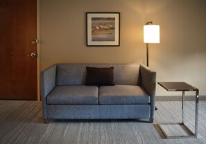A room with a grey sofa, a framed picture on the wall, a lamp, and a door.