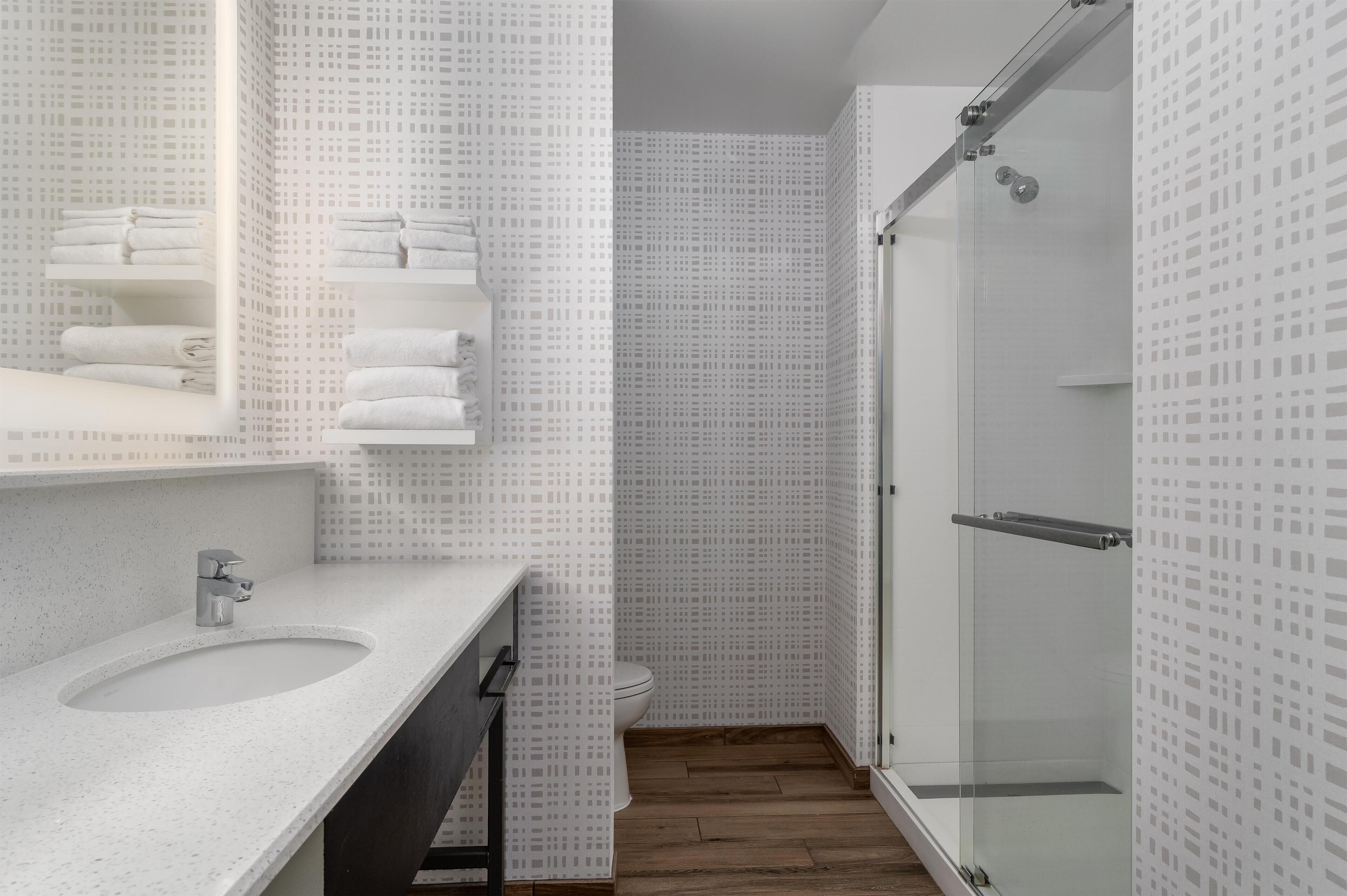 Chambre, 1 très grand lit et 1 canapé-lit, réfrigérateur | Douche de la salle de bain