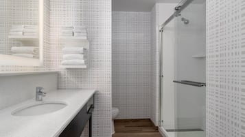 Chambre, 1 très grand lit et 1 canapé-lit, réfrigérateur | Douche de la salle de bain
