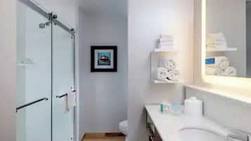 Hair dryer, towels, soap, shampoo