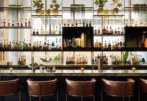 A bar area with multiple shelves of liquor bottles, hanging plants, and bar stools.