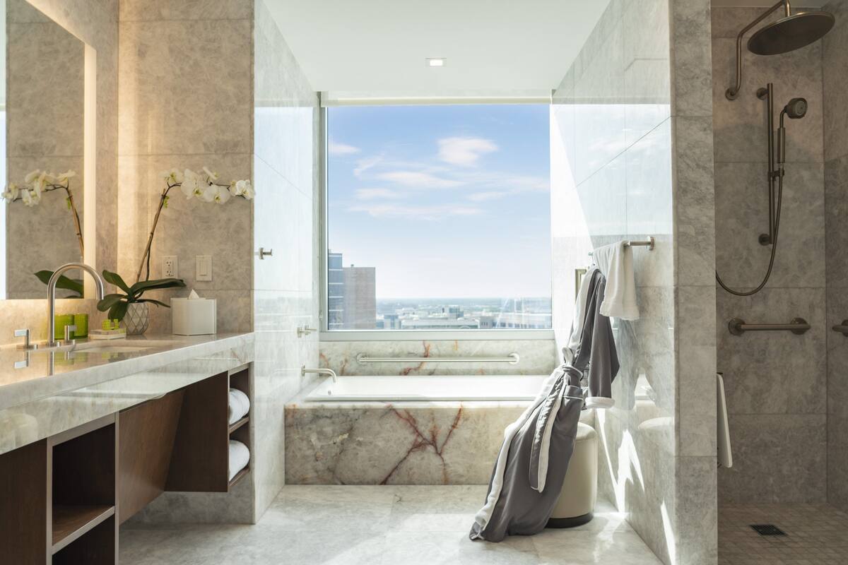 grand suite, accessible (communications) | bathroom | designer toiletries, hair dryer, bathrobes, towels