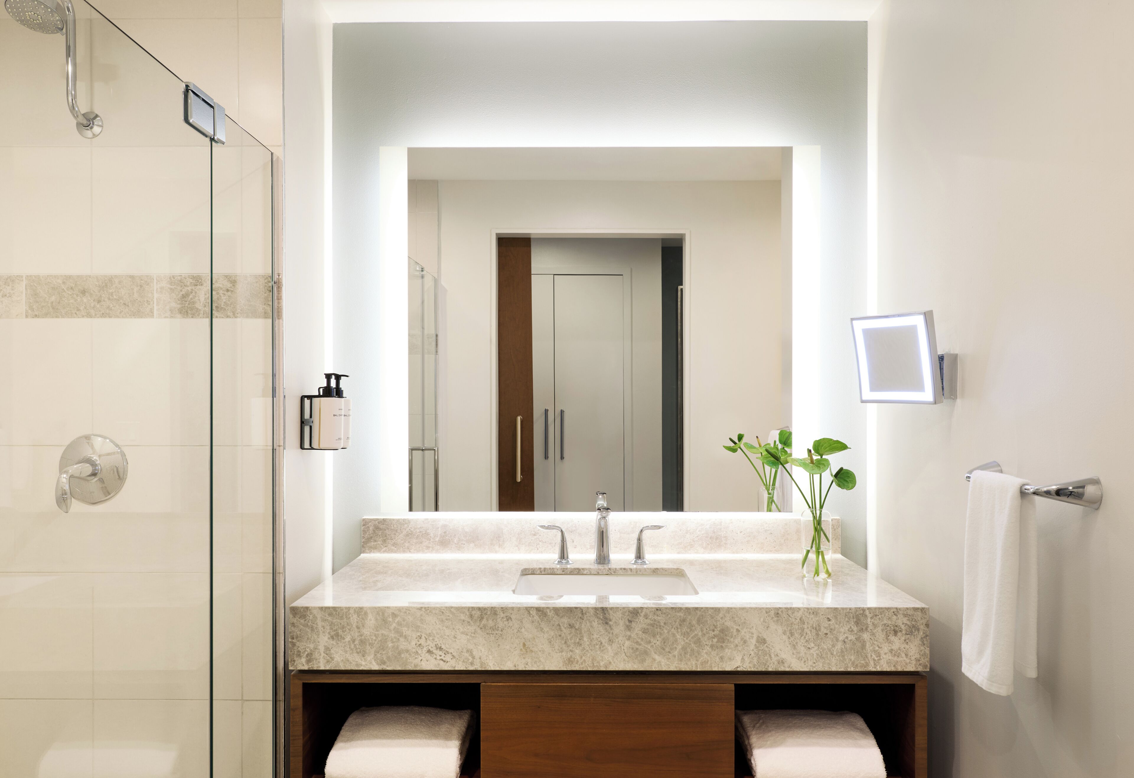 Designer toiletries, hair dryer, bathrobes, towels