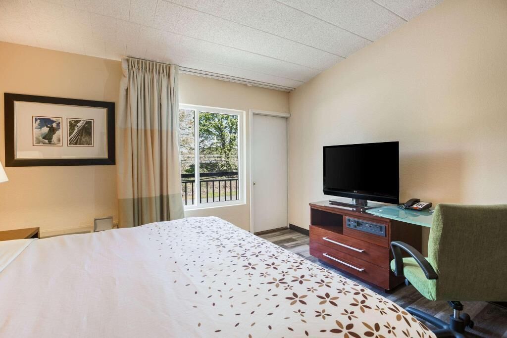 A hotel room with a bed, a TV on a wooden cabinet, a chair, and a window with curtains.