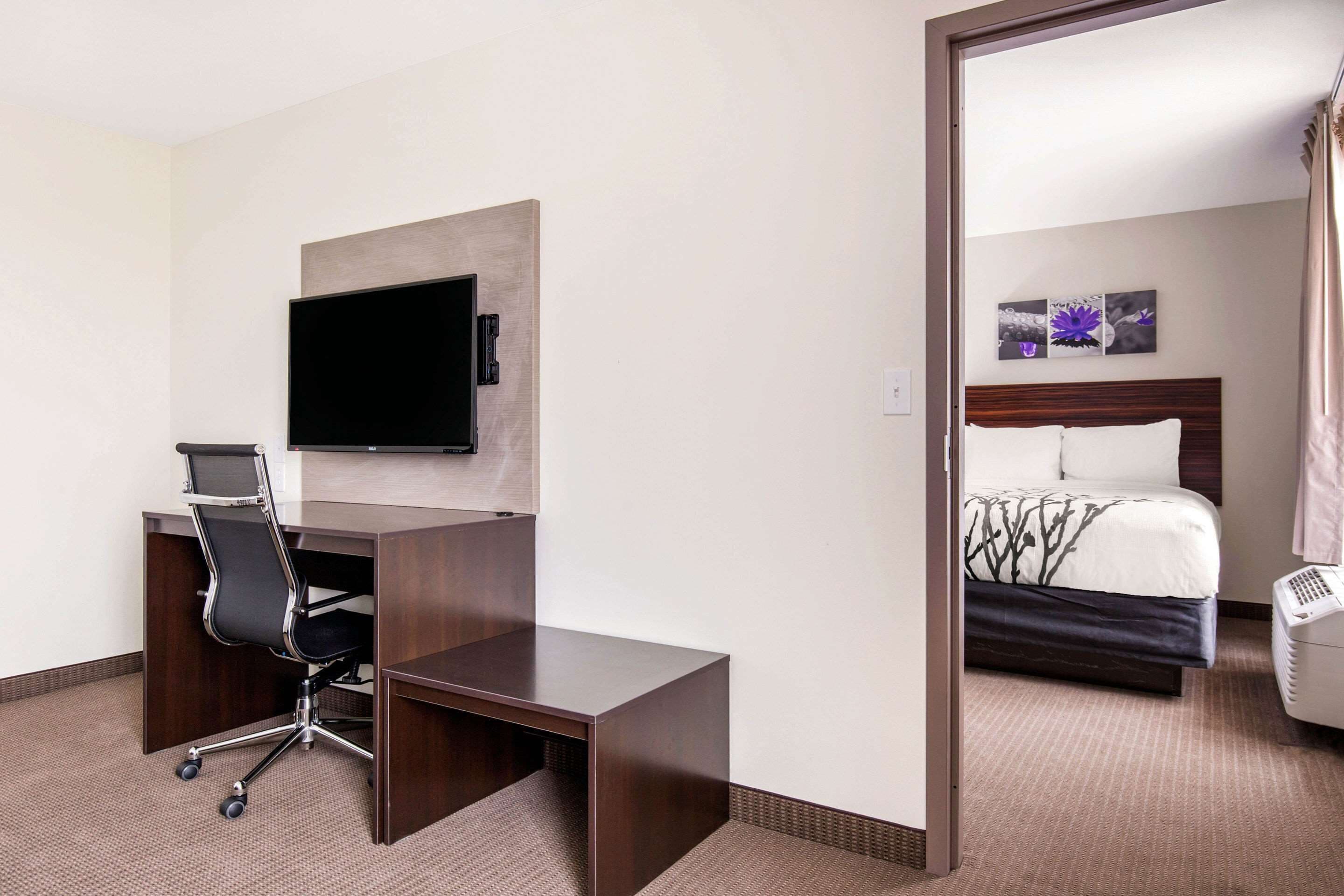Een hotelkamer met een bureau, stoel, flatscreen-televisie, bed en kunst aan de muur.