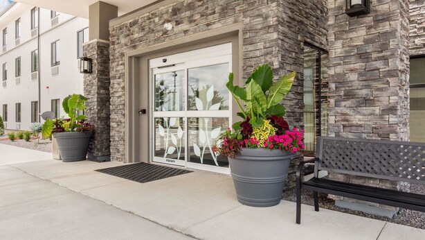 A building entrance with a stone facade, a glass door, and two potted plants with flowers. - Sleep Inn & Suites South Jacksonville (Jacksonville)