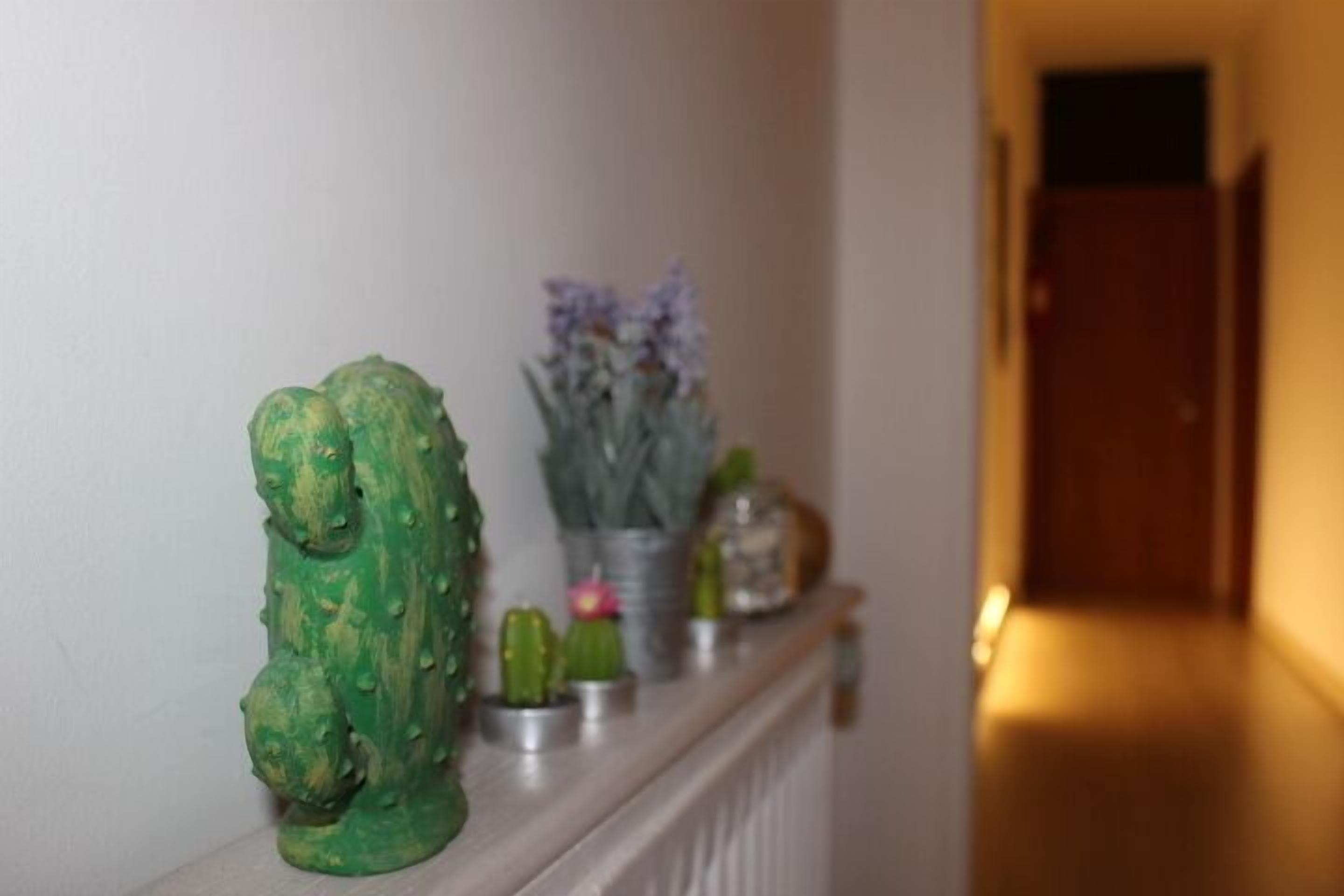 Un couloir orné d’une sculpture de cactus vert, d’une petite plante de cactus et d’un vase rempli de fleurs violettes, le tout posé sur une étagère.