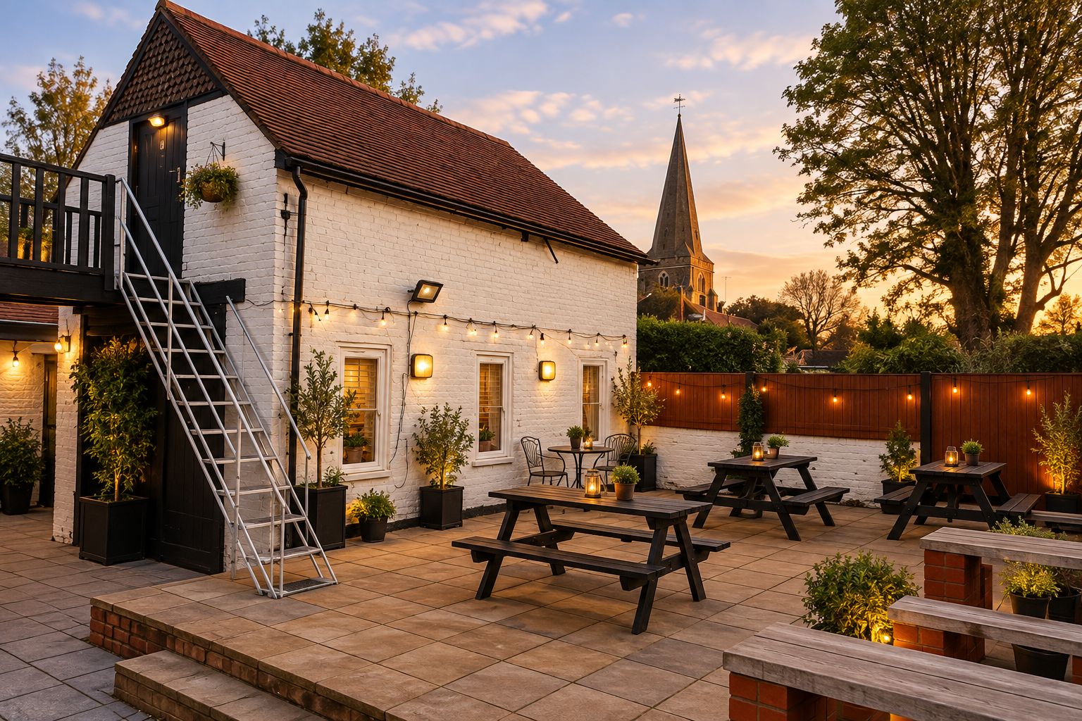 A white building with a red roof, outdoor seating, and string lights.