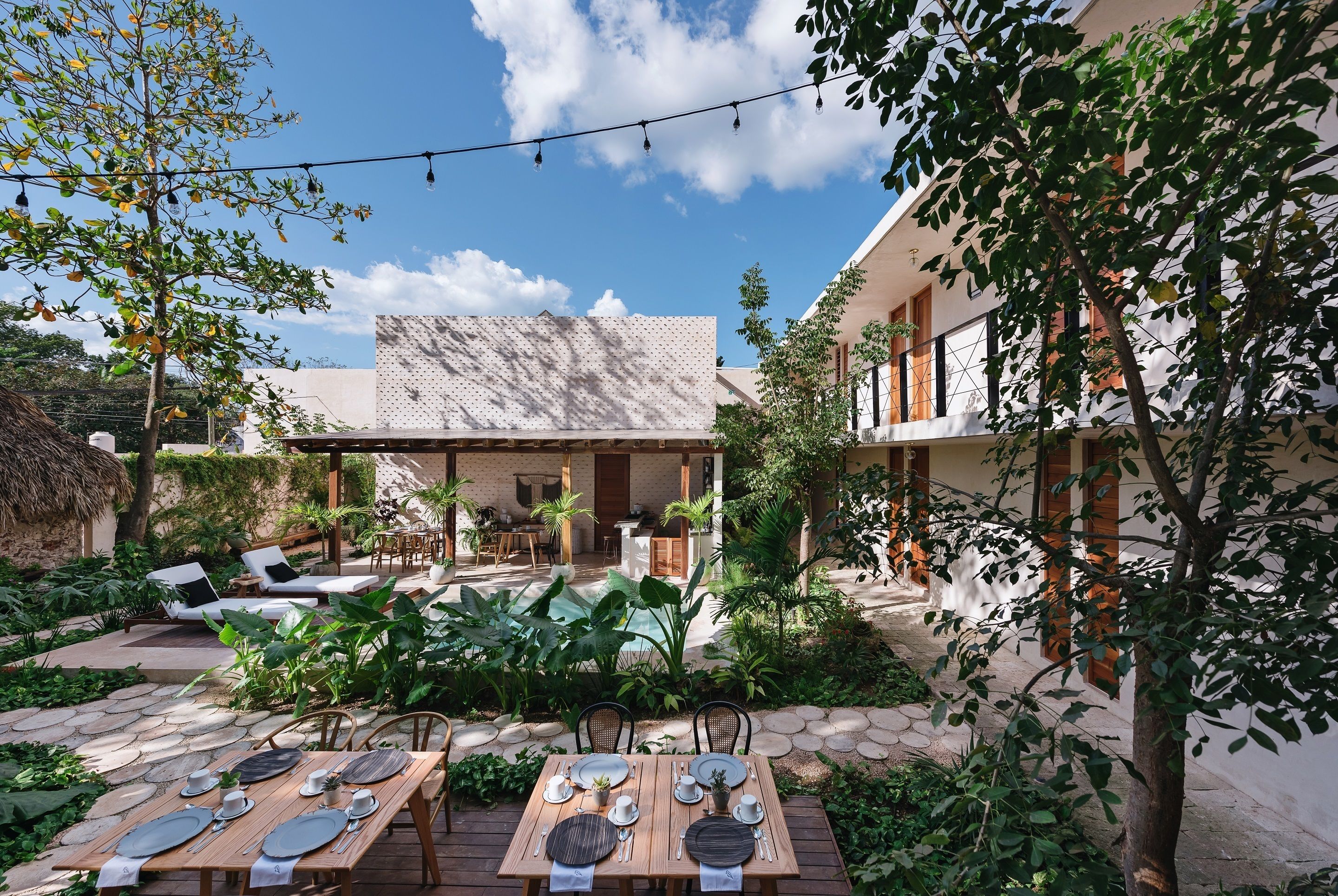 outdoor pool, pool loungers