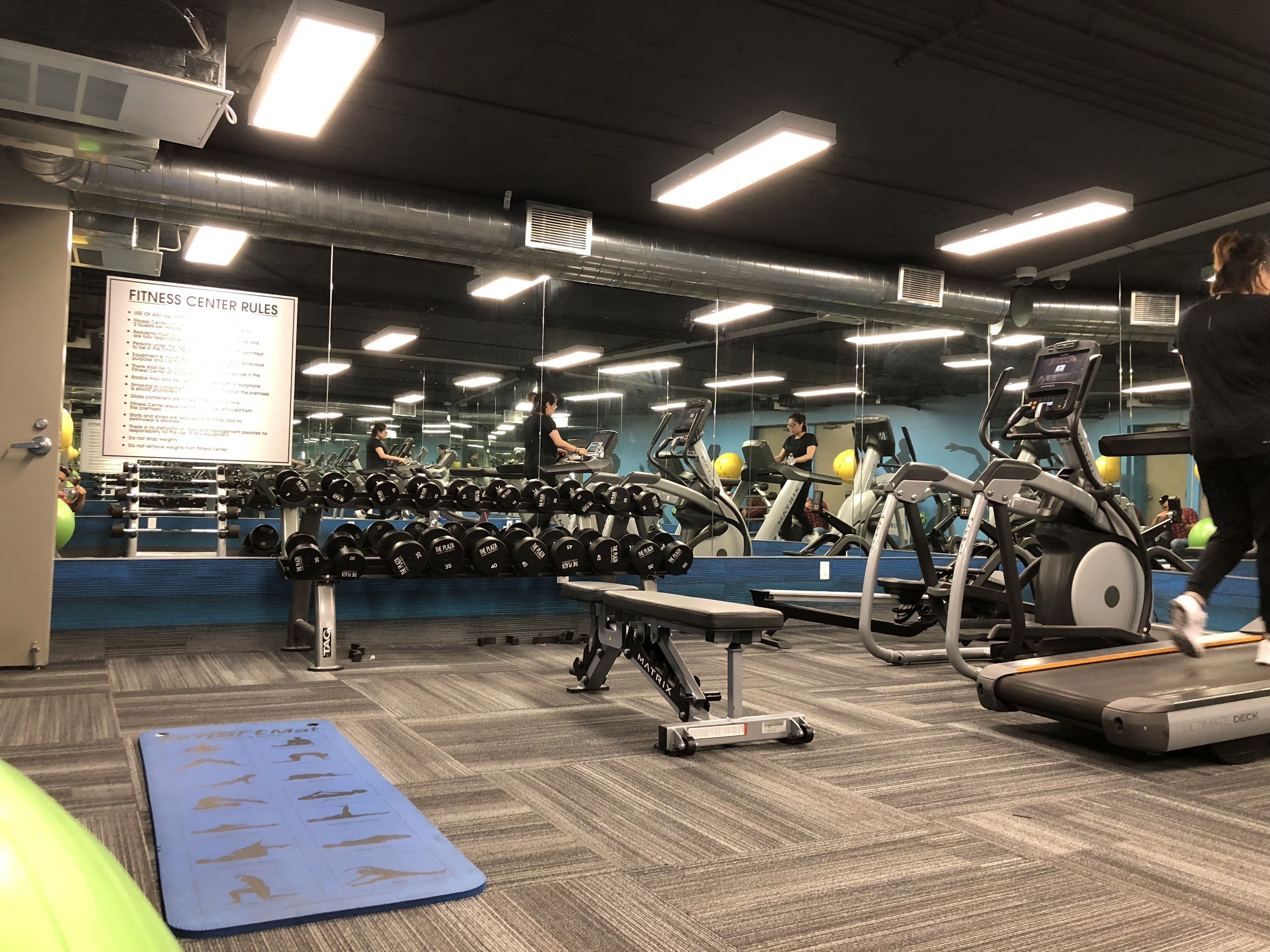 A gym with treadmills, dumbbells, and exercise mats.