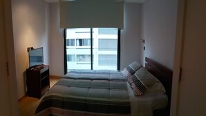 A bedroom with a large bed, a TV on a stand, and a window with a view of buildings. - Rukaza El Golf (Santiago)