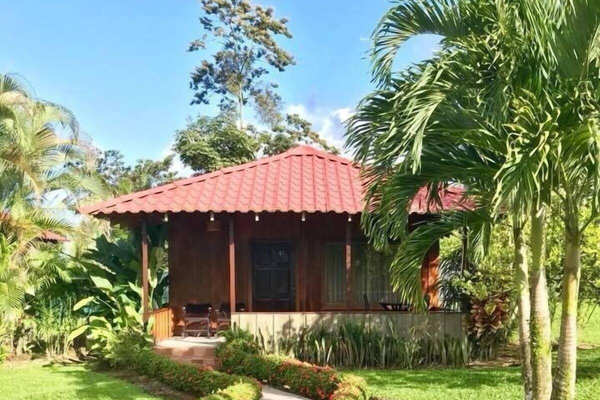 Una casa dal tetto rosso, circondata da un giardino curato con un vialetto lastricato che conduce all'ingresso.