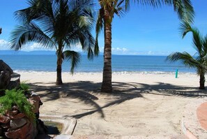 Ein Strand mit Palmen und freiem Blick auf das Meer.