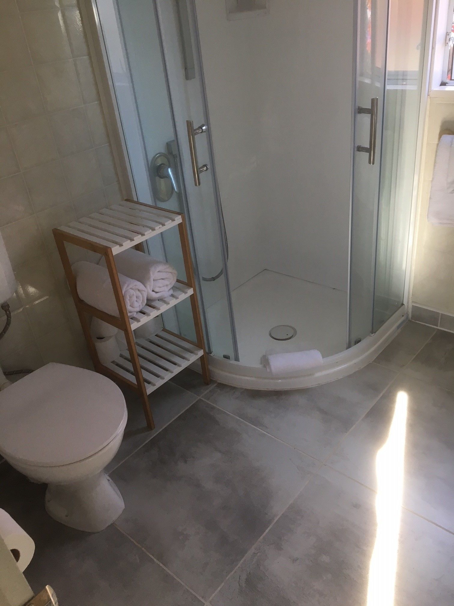 A bathroom with a glass-enclosed shower, a white toilet, and a wooden shelf with towels.