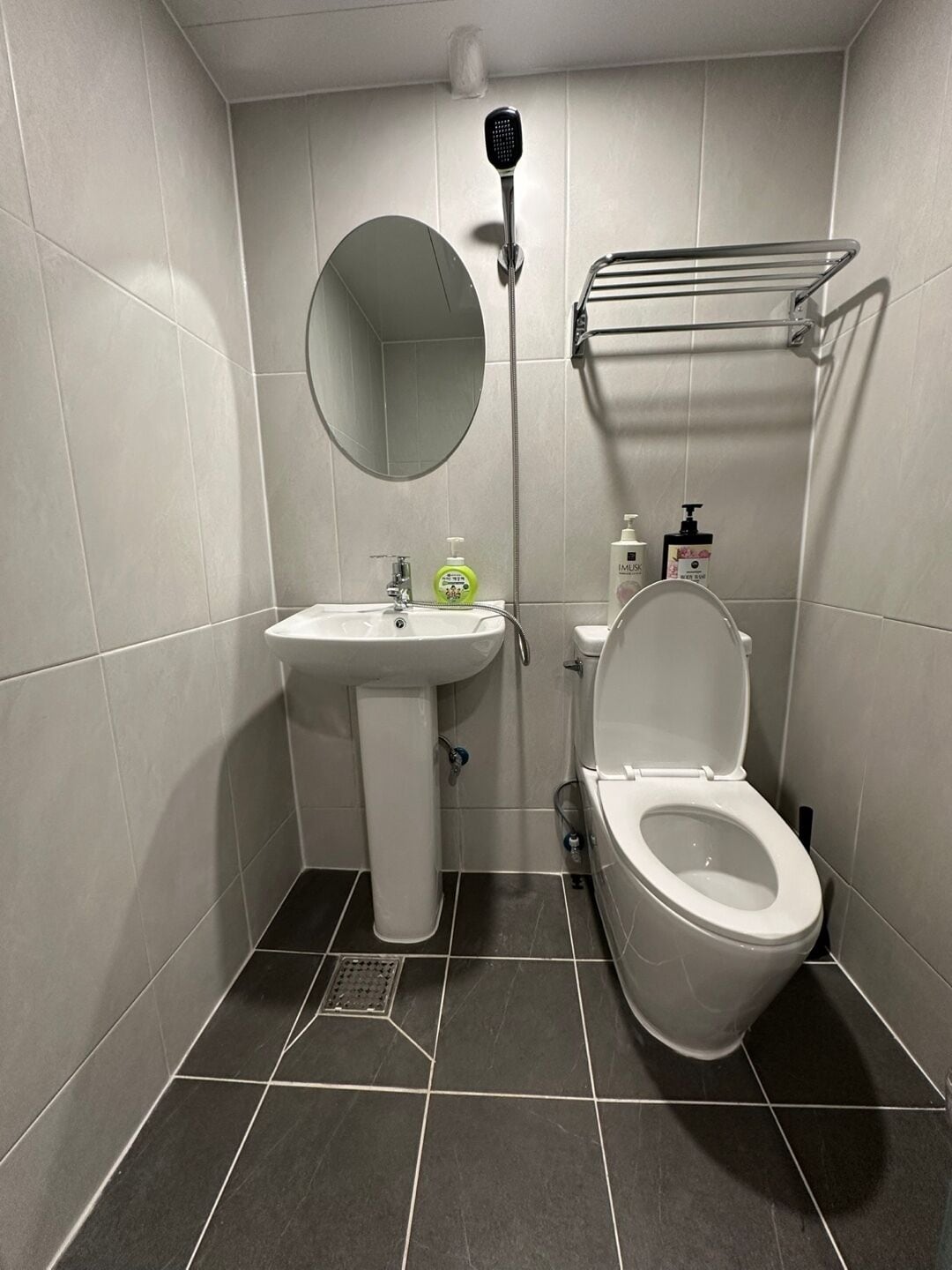 A bathroom with a sink, toilet, and a shower head mounted on the wall.